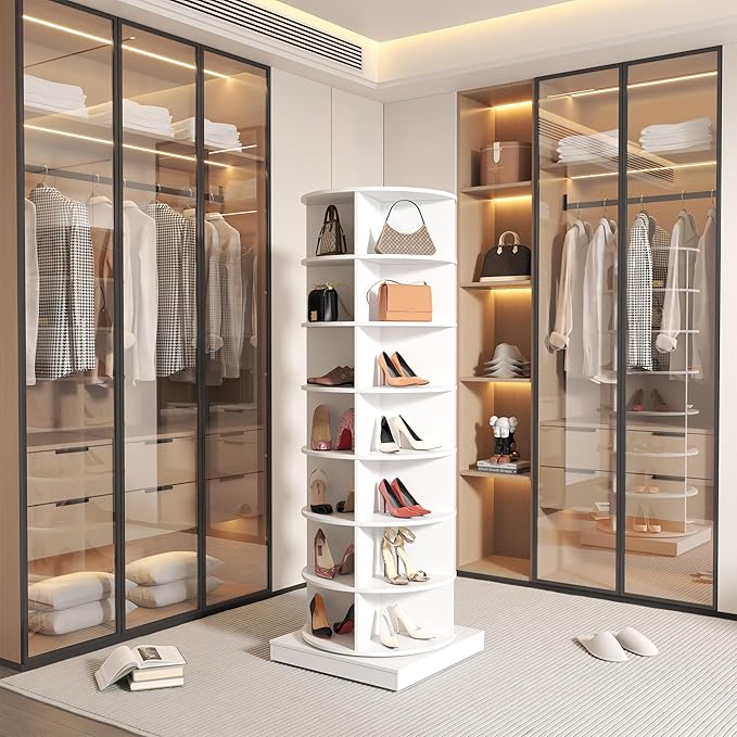 7-Tier Rotating Shoe Rack Tower, 360 Spinning Shoe Rack, Modern Free Standing Spinning Shoe Organizer, Rotating Lazy Susan Shoe Racks for Entryway Doorway, Holds Up to 28 Pairs of Shoes(White)