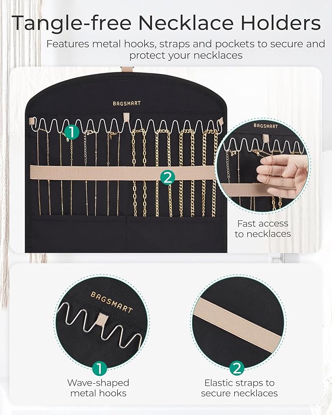 BAGSMART Hanging Jewelry Organizer Claw Clip Necklace Holder Roll for Hair Ties, Headbands, Clips, Earrings, Necklaces, Glasses Double-Sided on Closet, Wall, Door, 1 piece, Large-Black