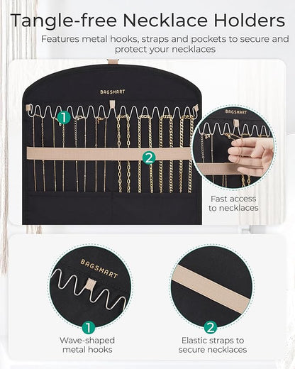 BAGSMART Hanging Jewelry Organizer Claw Clip Necklace Holder Roll for Hair Ties, Headbands, Clips, Earrings, Necklaces, Glasses Double-Sided on Closet, Wall, Door, 1 piece, Large-Black