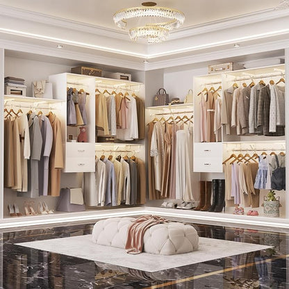 96 Hanging Closet System with 2 Wooden Drawers, 75"–87" Height Adjustable Closet Organizer System with Tower, 4-8FT Custom Closet Shelving System, Wall-Mounted Walk-In Closets Wardrobe, White