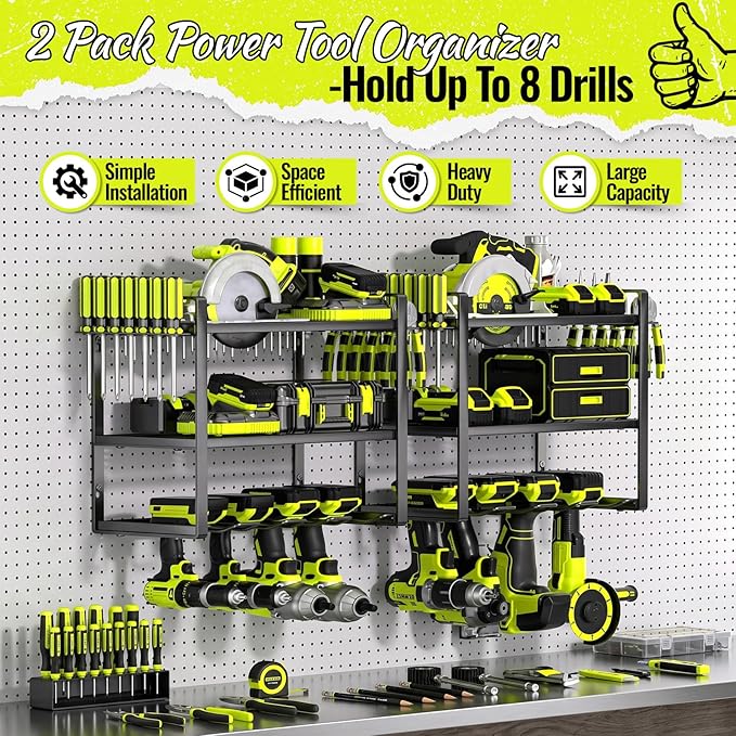 Power Tool Organizer Wall Mount 2 Pack, 4 Drill Holder, Garage Tool Storage and Organization Rack, Heavy Duty Wall Mounted Cordless Drill Organizer, Compatible with Ryobi Tools