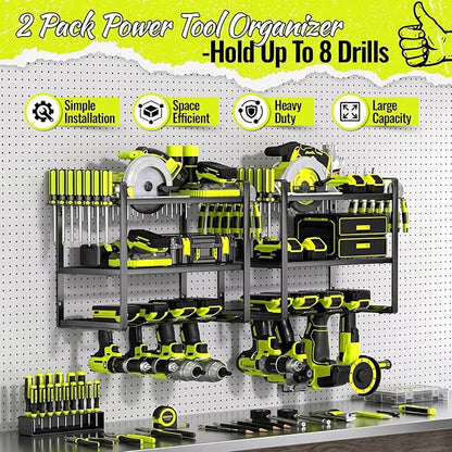 Power Tool Organizer Wall Mount 2 Pack, 4 Drill Holder, Garage Tool Storage and Organization Rack, Heavy Duty Wall Mounted Cordless Drill Organizer, Compatible with Ryobi Tools