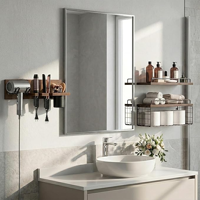 3-Tier Bathroom Floating Shelves with Curling Iron Holder & Hair Tool Organizer, Wall Mounted Rustic Wood Storage Rack Over Toilet with Hair Dryer Holder for Bathroom Decor & Organization