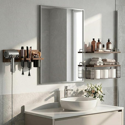 3-Tier Bathroom Floating Shelves with Curling Iron Holder & Hair Tool Organizer, Wall Mounted Rustic Wood Storage Rack Over Toilet with Hair Dryer Holder for Bathroom Decor & Organization