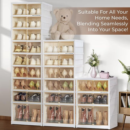 Easy Assembly 9 Tier Foldable Shoe Rack Organizer White Clear Plastic Portable Collapsible Shoe Organizer and Folding Shoe Storage Box and Cabinet with Door