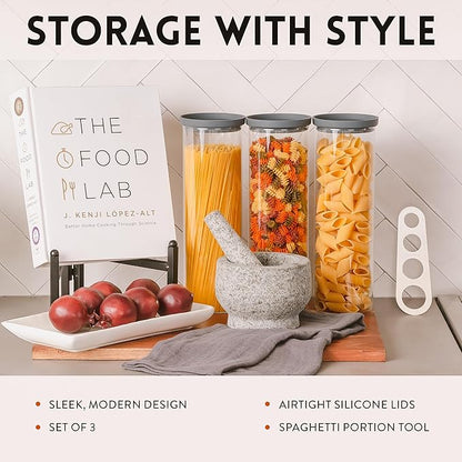 Glass Spaghetti Kitchen Storage Containers with Airtight Silicone Lids, BPA-Free Pantry Glass Storage Jars with Airtight Lid for Pasta and Dry Foods - Set of 3 with Portion Tool