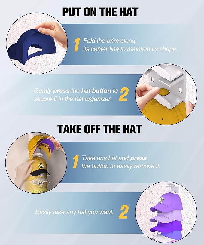 Hat Organizer for Baseball Caps 2 Pack, Hat Rack for Wall Hold up to 20 Hats with Strong Adhensive, Hats Holder Hanger Space Saving for Displlay, Cap Organizer Storage Multilayer(White)