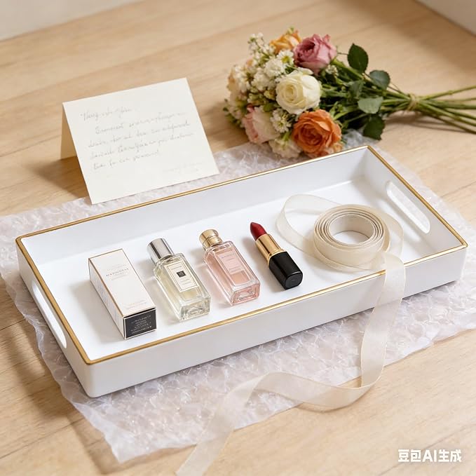 White Bathroom Vanity Tray for Countertop,Small Rectangular Plastic Tray for Toilet Tank,Multi-Purpose Bathroom Organizer for Makeup,Perfumes,Jewelry,Candles & Keys
