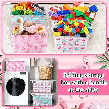 Geelin 3 Pcs Flamingo Baskets Summer Storage Basket for Gifts Collapsible Waterproof Canvas Cute Storage Bin Organizer with Handles for Book Closet Shelf Nursery Decor