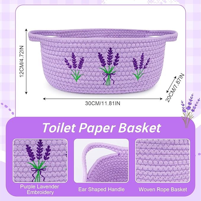 Lavender Toilet Paper Basket–Woven Rope Beautiful Lavender Bathroom Decor Organizer Toilet Tank Decorative Storage Basket, Oval Shelf Bin with Handle,Flower Wedding Paper Holder, 12" D x 5" H
