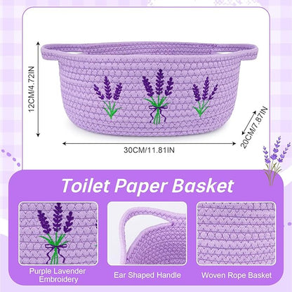 Lavender Toilet Paper Basket–Woven Rope Beautiful Lavender Bathroom Decor Organizer Toilet Tank Decorative Storage Basket, Oval Shelf Bin with Handle,Flower Wedding Paper Holder, 12" D x 5" H