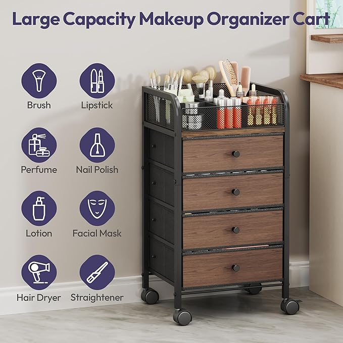 SWTYMIKI Rolling Makeup Organizer Cart - 14.96″*11.81″*27.55″ Widened Under Desk Vanity Storage with 4 Non-woven Drawers, Cosmetic Display Cases for Skin Care Perfume Nail Polish Brush Hair Tool Black