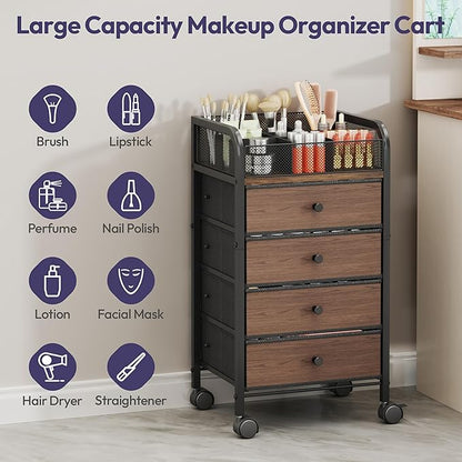 SWTYMIKI Rolling Makeup Organizer Cart - 14.96″*11.81″*27.55″ Widened Under Desk Vanity Storage with 4 Non-woven Drawers, Cosmetic Display Cases for Skin Care Perfume Nail Polish Brush Hair Tool Black