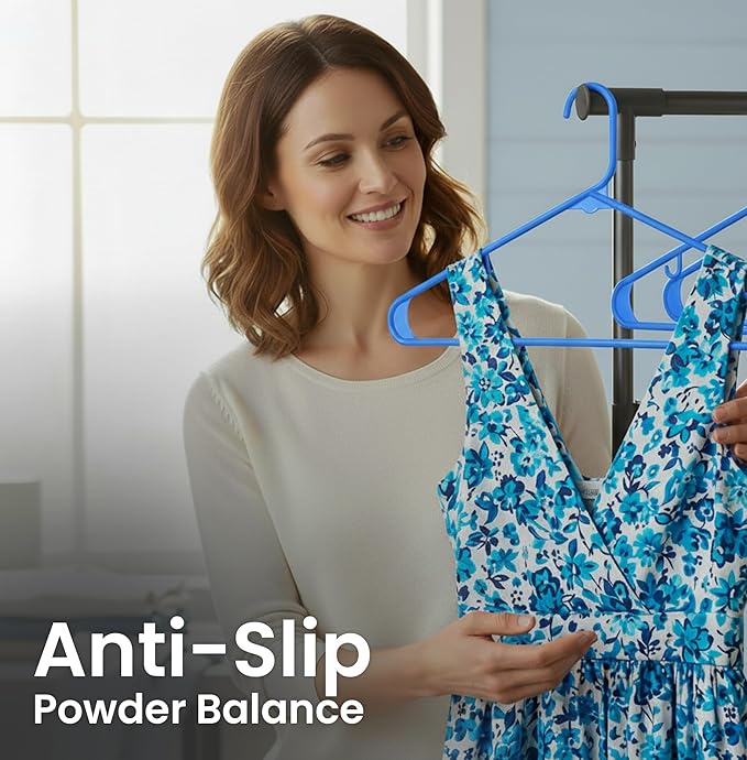 Utopia Home Plastic Hangers 50 Pack - Space Saving Clothes Hanger - Durable & Strong Closet Organizers and Storage with Built-in Strap Hooks - Essential for Shirts, Pants, Skirts & Coats (Blue)