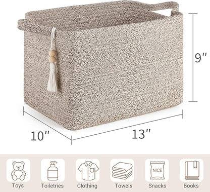 Mkono Woven Storage Basket, Cube Cotton Rope Basket for Shelves, Clothes, Toys, Towels, Books, Rectangle Bin with Handles for Organizing, Decorative Gift, 13'' x 10'' x 9'', Brown (1 Pack)