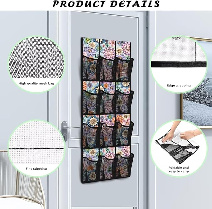12 Large Mesh Pockets Over the Door Shoe Organizer Mandala Hanging Shoe Rack for Closet Breathable Shoe Hanger for Bedroom Bathroom