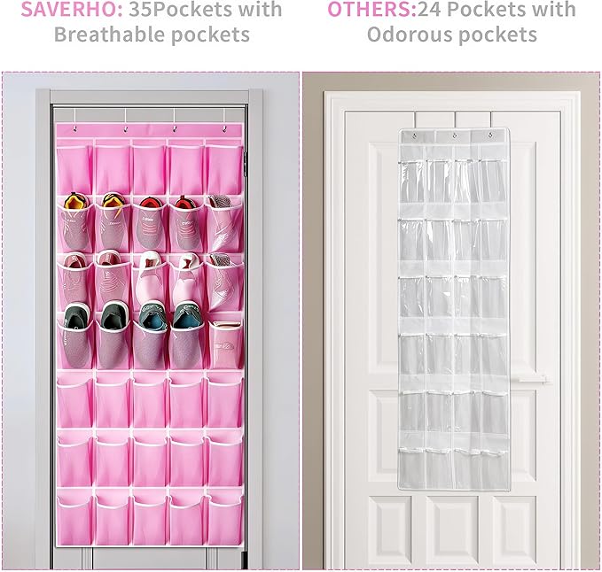 SAVERHO 35 Pockets Over the Door Shoe Organizer, Hanging Shoe Organizer for Door with 35 Mesh Pockets Large Capacity Shoe Hanging Storage Bag with 4 Metal Hooks (Pink-1Pack)