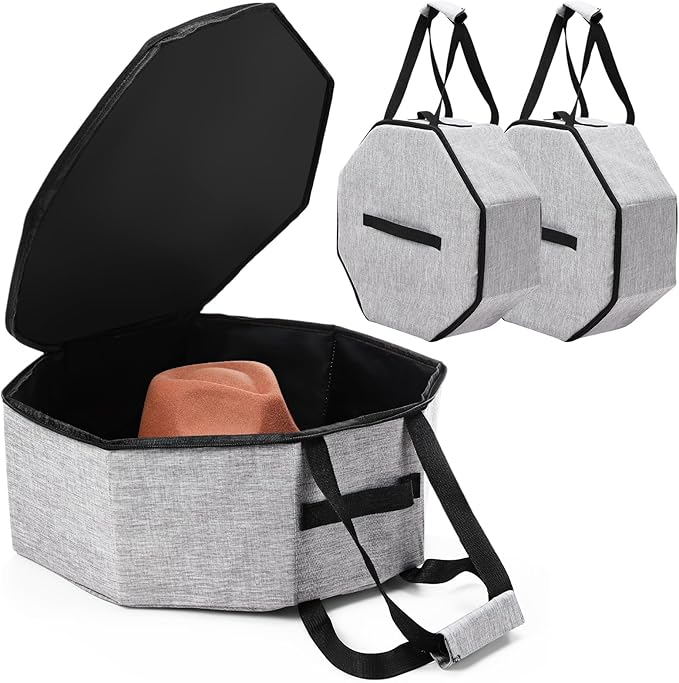 Wonderjune 2 Pcs Cowboy Hat Box for Storage Collapsible Sturdy Cowboy Hat Case with Handle for Men and Women Travel Storage Organizer Large Cap Bag for Closet(Gray)