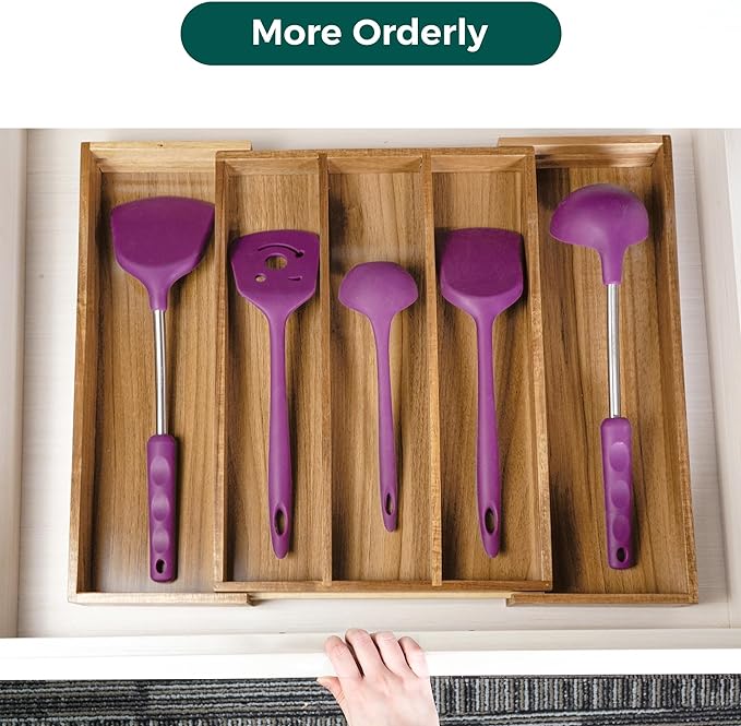 Utoplike Acacia Kitchen Drawer Organizer Expandable, Large Utensils and Cutlery Tray, Adjustable Silverware Divider for Knives Flatware
