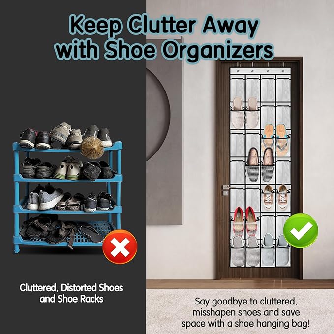 Kotkn 28 Compartment Over the Door Shoe Organizer, Breathable Mesh Large Shoe Rack for Closet Storage, Space Saving Hanging Shoe Holder with Reinforced Hooks (Fits Men & Women,White-01)