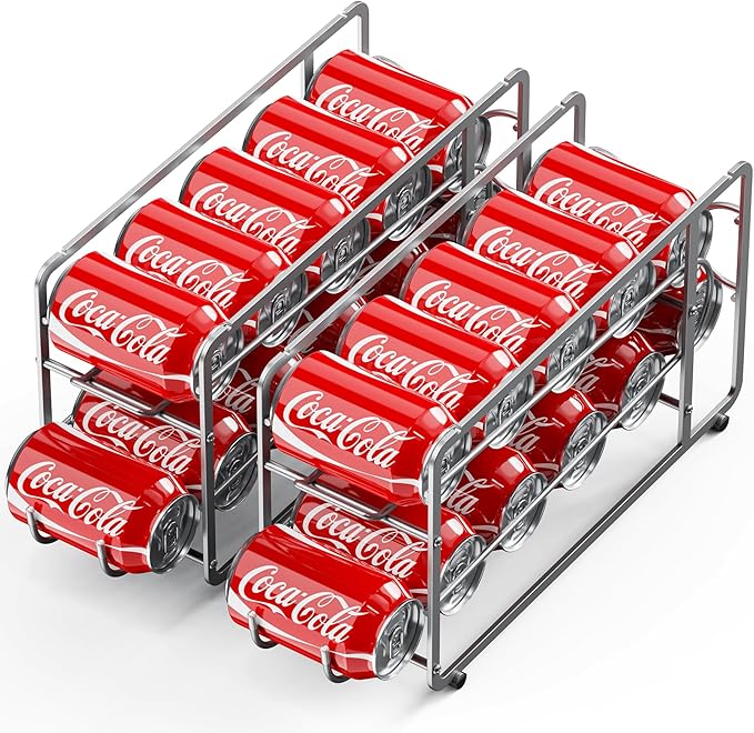 Canyave Soda Can Organizer Storage Rack, 2 Pack Stackable Beverage Soda Can Dispenser Organizer Holder for Refrigerator, Cabinet, Pantry (Silver)