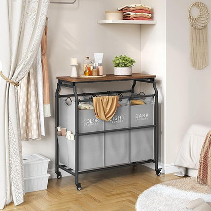 Hoctieon 3 Section Laundry Sorter Cart with Ironing Board, Laundry Hamper with Shelf and Rolling Wheels, Heavy Duty Laundry Basket Organizer, Large Clothes Separator Hamper with Removable Bags, Gray
