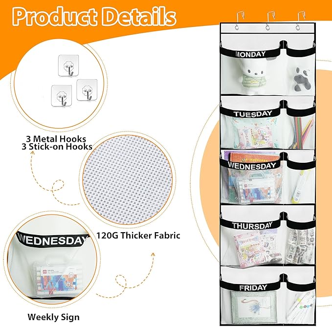 Weekly Kids Clothes Organizer Day of Week School, Over the Door Clothing Storage Organizer from Monday to Friday, Hanging Closet Organizer wtih 3 Metal hooks or Nursery, Bedroom