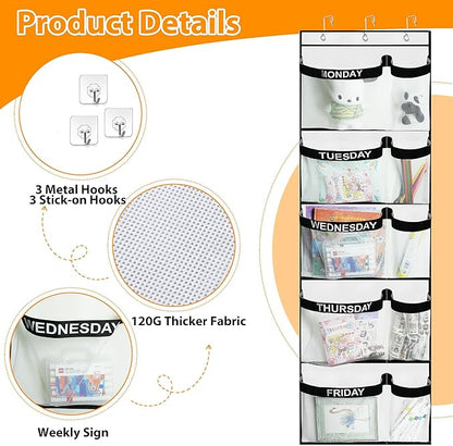 Weekly Kids Clothes Organizer Day of Week School, Over the Door Clothing Storage Organizer from Monday to Friday, Hanging Closet Organizer wtih 3 Metal hooks or Nursery, Bedroom