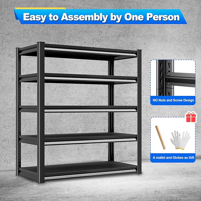 Garage Shelving Heavy Duty，Large Loads Adjustable Garage Storage Shelves, Metal Storage Racks and Shelving Units, Utility Rack Shelves,47.2”W x 24”D x 78”H,Black