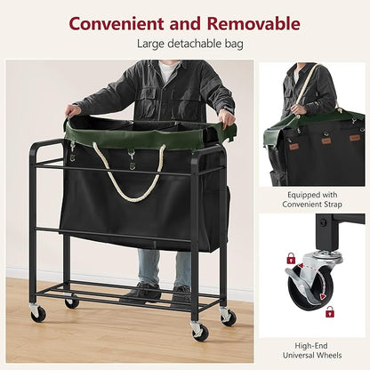 Tajsoon 148L Large Laundry Sorter 3 Section, Laundry Hamper with Heavy Duty Lockable Wheels, Rolling Laundry Basket with Super Sturdy Metal Frame and Handle, Removable Bags & Leather Patchwork, Black