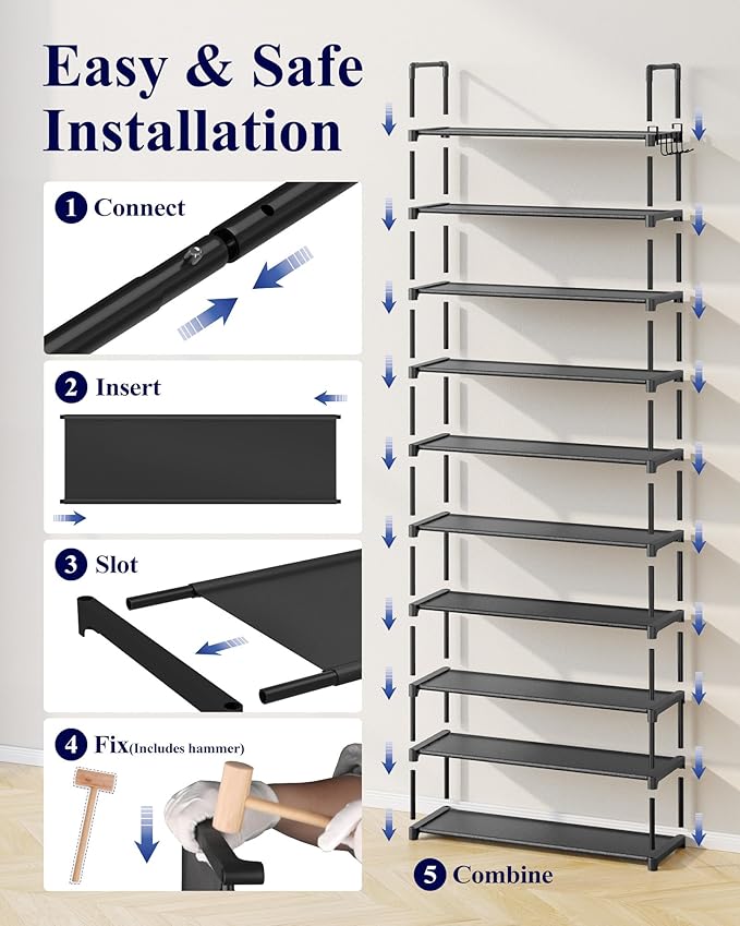 Kitsure Shoe Rack for Closet - 10-Tier Shoe Organizer with Hook Rack, Large-Capacity & Space-Saving Shoe Shelf for Entryway, Bedroom, Living Room,32.2" x 11.8" x 68.5", Black