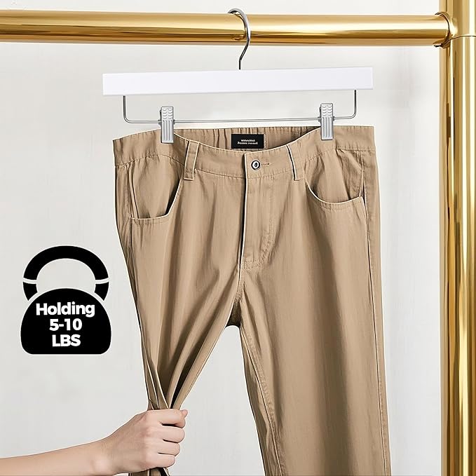 Quality Hangers Wooden Pants Hangers - 20-Pack Swivel Hook Cloth Hanger Set - Lotus Wood Skirt, Pant, Shorts and Slack Hangers with Adjustable Clip – White Clothing Hanger (White, 20)