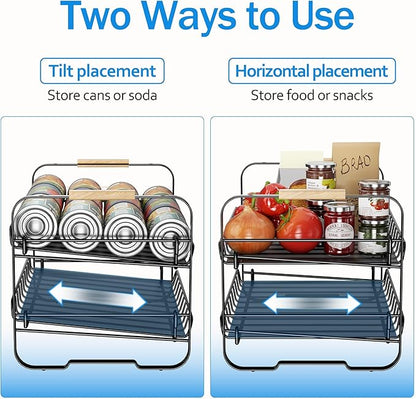 MAXIFFE 2-Tier Can Organizer for Pantry, 16.9"W × 11.5"D × 16.7"H, Stackable Metal Adjustable Hold 40 Cans Rack Storage Holder Dispenser for Soda Drinks Fruits, for Kitchen Countertop, 2 Pack Black