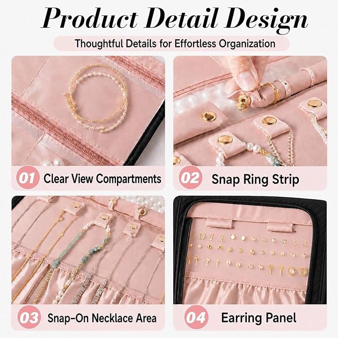 Jewelry Organizer with Hanger,Hanging Jewelry Organizer, Portable Travel Jewelry Bag,Foldable Storage for Earrings, Rings, and Watches; Can Be Hung on Wardrobes, Walls, or Doors, Black