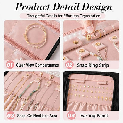 Jewelry Organizer with Hanger,Hanging Jewelry Organizer, Portable Travel Jewelry Bag,Foldable Storage for Earrings, Rings, and Watches; Can Be Hung on Wardrobes, Walls, or Doors, Black