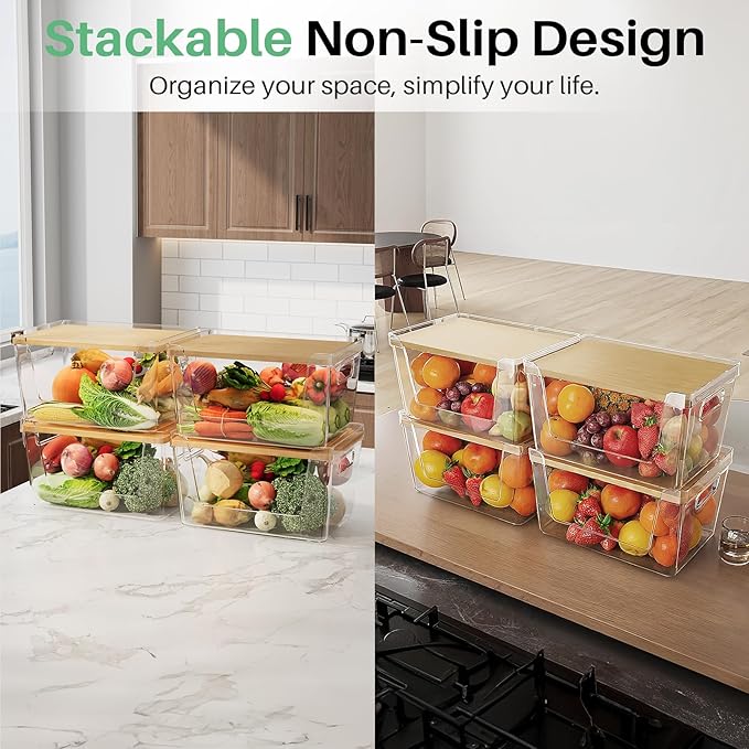 4 Set Pantry Organizer and Stackable Storage Kitchen,Sturdy and Durable Storage Basket for Potato, Onion, Garlic, Fruit, Vegetable, Produce, Clear Plastic Storage with Lid&Handle