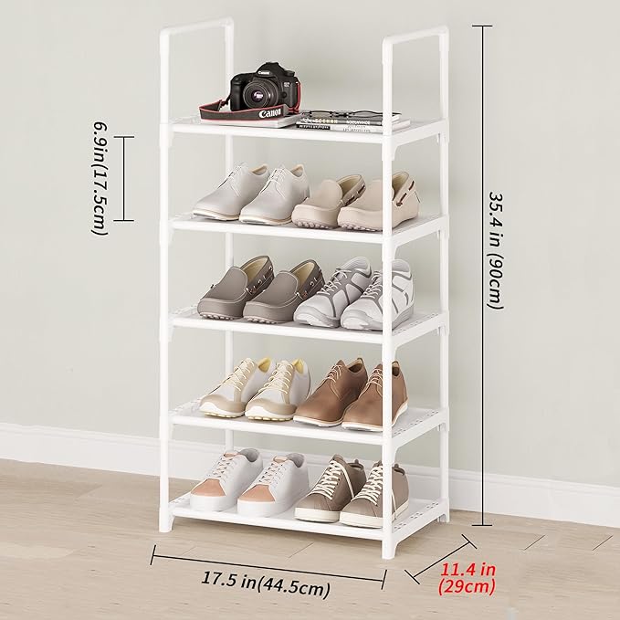 5-Tier Shoe Rack with Handrails, Stackable Narrow Shoe Storage for Entryway, 17.5" W x 11.4" D x 35.4" H, Space Saving Small Shoe Stand for Closet Hallway Dorm, Multi-Functional Shelf(White)