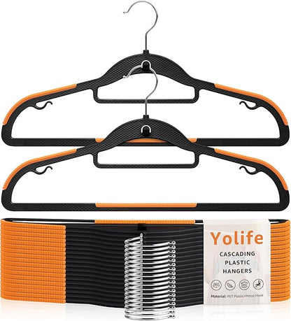 Yolife Cascading Plastic Clothes Hangers 10 Pack with Inner Hook for Vertical Storage, Slim Space Saving Hangers with Non-Slip Pads, 360° Swivel Metal Hook, Versatile, Black & Orange