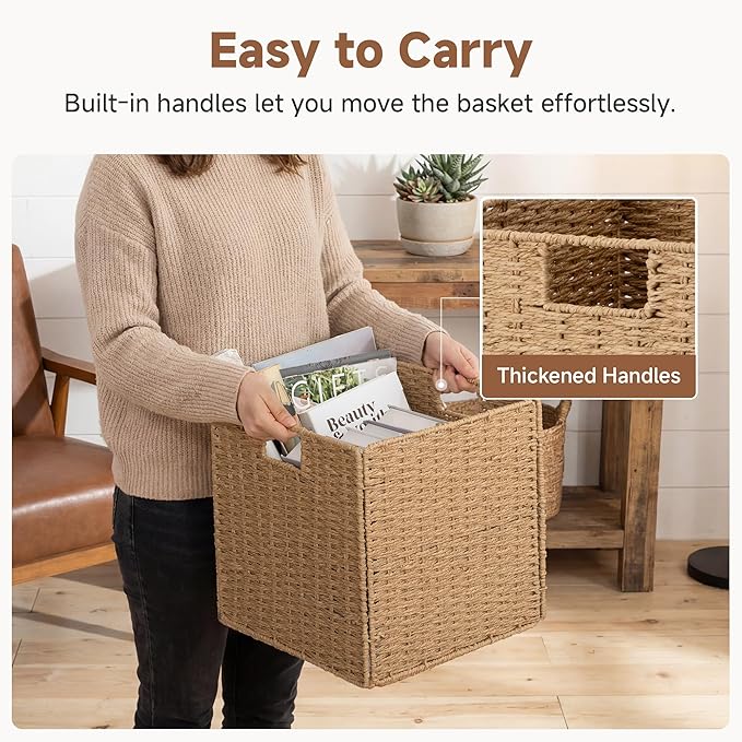 StorageWorks 13 inch Wicker Storage Baskets, Foldable Handwoven Wicker Basket for Organizing, Natural Paper Rope Square Storage Cubes, 2 Pack