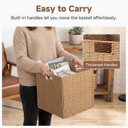 StorageWorks 13 inch Wicker Storage Baskets, Foldable Handwoven Wicker Basket for Organizing, Natural Paper Rope Square Storage Cubes, 2 Pack