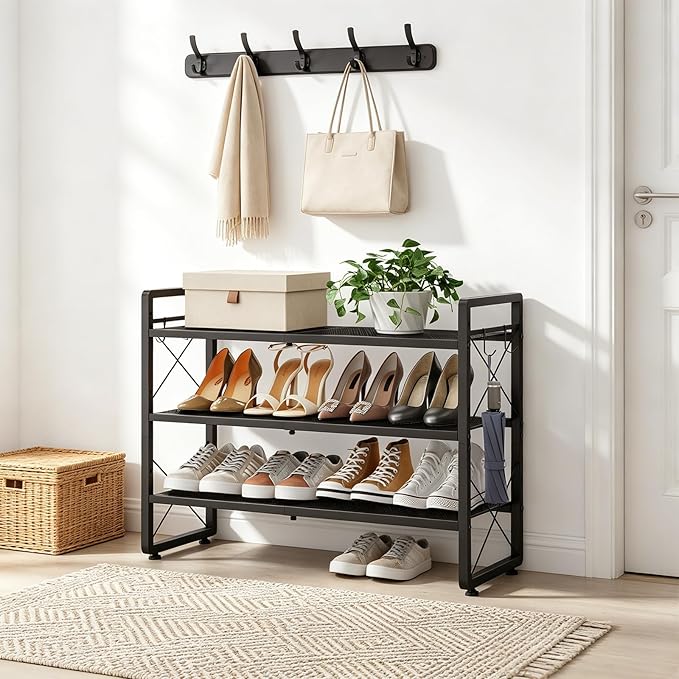 ELYKEN Shoe Rack, 3-Tier Expandable Shoe Organizer for Entryway, Metal Black Shoe Shelf with 4 Hooks, Ajustable Shoe Stand Holder for Closet, Garage, Door Entrance