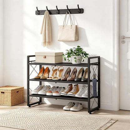 ELYKEN Shoe Rack, 3-Tier Expandable Shoe Organizer for Entryway, Metal Black Shoe Shelf with 4 Hooks, Ajustable Shoe Stand Holder for Closet, Garage, Door Entrance