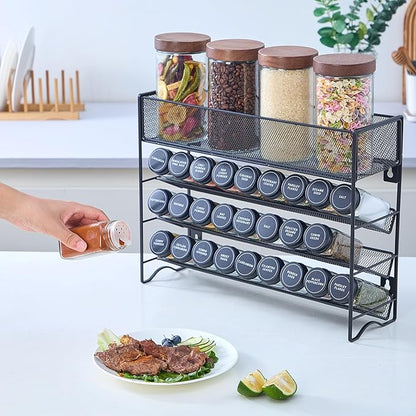 Spice Rack Organizer with 27 Spice Jars with Black Lids, Funnel, Spice Labels, Pen, Seasoning Organizer for Cabinet, Countertop, Pantry, Kitchen,Cupboard or Door & Wall Mount