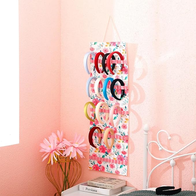 Tudomro Hanging Headband Holder for Girls Felt Hair Accessories Organizer with 60 Elastic Bands Bow Hanger for Girls Hair Bows Without Headbands(Pink, Green,Floral)