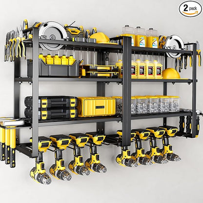 Hipidian Power Tool Organizer Wall Mount - Storage Rack with 4 Drill Holders for Drills Cordless Tools. Heavy Duty Iron Garage Tool Organizer Storage for Workshop Shed (4 Slots 4 Layers 2 Pcs)