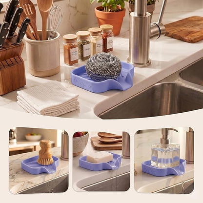 MicoYang Silicone Bathroom Soap Dishes with Drain Spout-Bathroom and Kitchen Sink Organizer,Sponge Holder,Dish Soap Tray,Perfect for Dispenser,Scrubber,Bottle on Sink or Counter-Light Purple 4.9"×3.2"