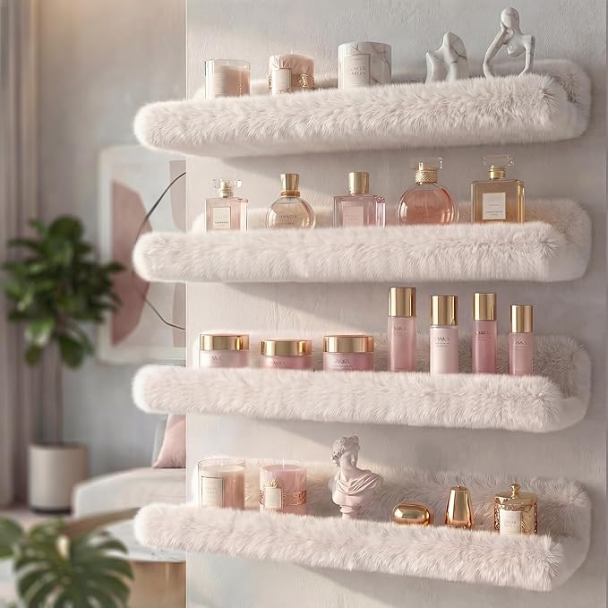 Care&More YJ 15 Inch Nail Polish Shelves, 4-Pack Fluffy Nail Polish Rack for Storing Nail Bottles, Sunglasses, Essential Oils, Plush Soft White