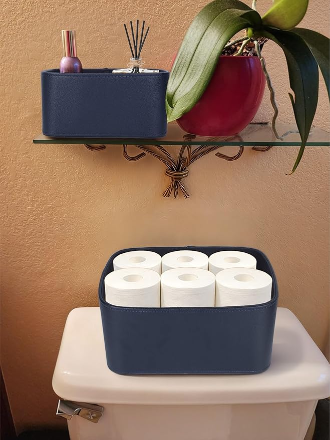 HofferRuffer Faux Leather Storage Baskets Bins with Velvet Lining for Organizing, Storage, Gifts, Set of 3 Nesting Shelf Baskets Decorative Storage Boxes for Home Organization (Blue)