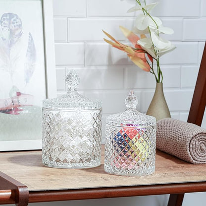 R FLORY 2 Pack Qtip Holder Glass Apothecary Jars with Lids Bathroom Storage Organizer for Cotton Swabs, Balls, Pads, Floss Picks, Vanity Storage Containers for Makeup, Candy, Jewelry (10+24oz, Clear)