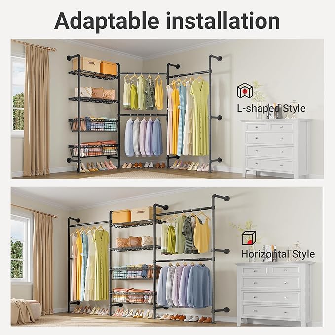 Timate X3 Expandable Heavy Duty Clothes Rack Wall Mounted Clothing Rack for Hanging Clothes, Industrial Pipe Closet System for Walk in Closet Kit Wall Mount Clothes Rack with Basket, Black Wall Closet